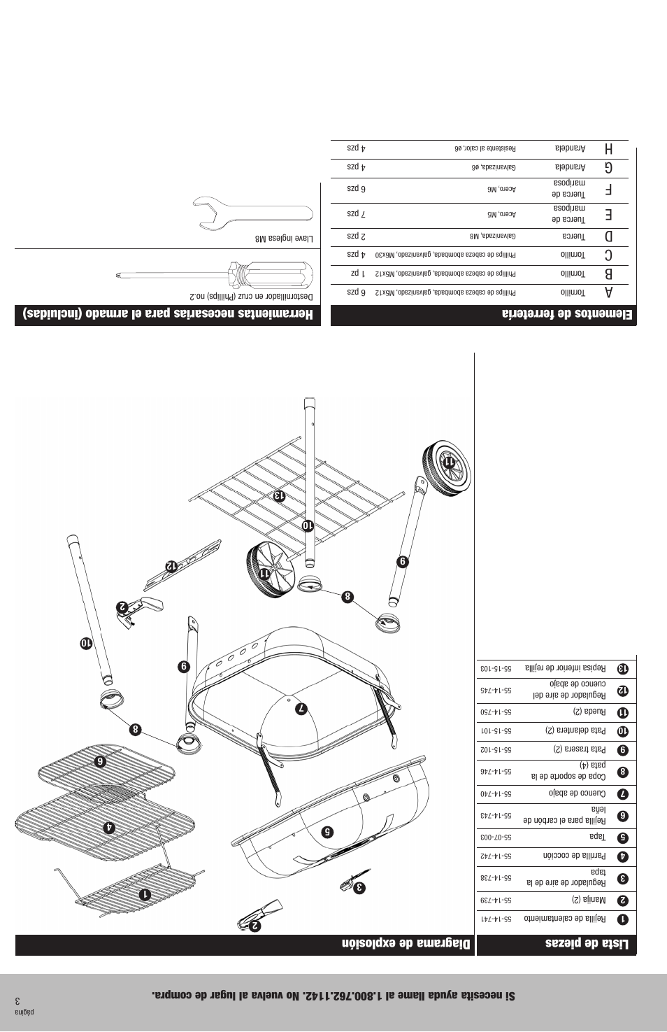 Elementos de ferretería, Herramientas necesarias para el armado (incluidas), Lista de piezas | Diagrama de explosión | Blue Rhino Outdoor Charcoal Barbecue Grill CBC701W User Manual | Page 14 / 16