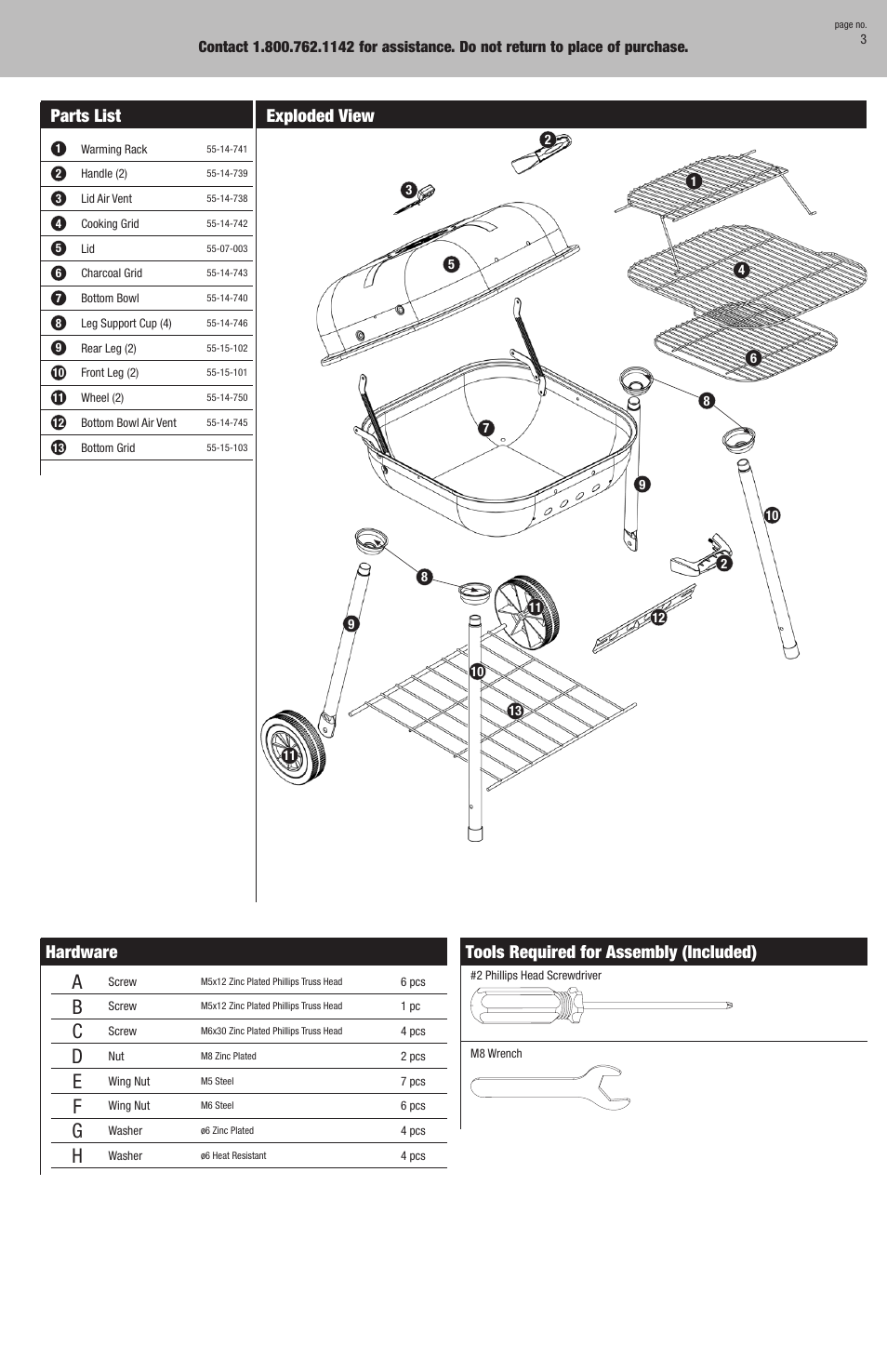 Hardware, Tools required for assembly (included), Parts list | Exploded view | Blue Rhino Outdoor Charcoal Barbecue Grill CBC701W User Manual | Page 3 / 16