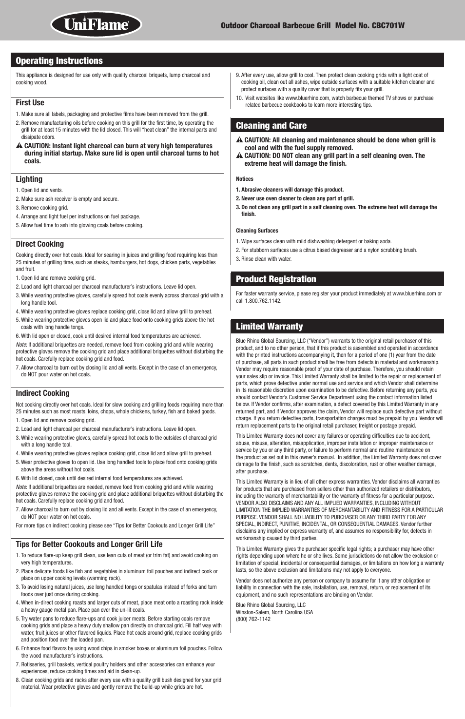 Cleaning and care, Product registration, Limited warranty | Operating instructions | Blue Rhino Outdoor Charcoal Barbecue Grill CBC701W User Manual | Page 6 / 16