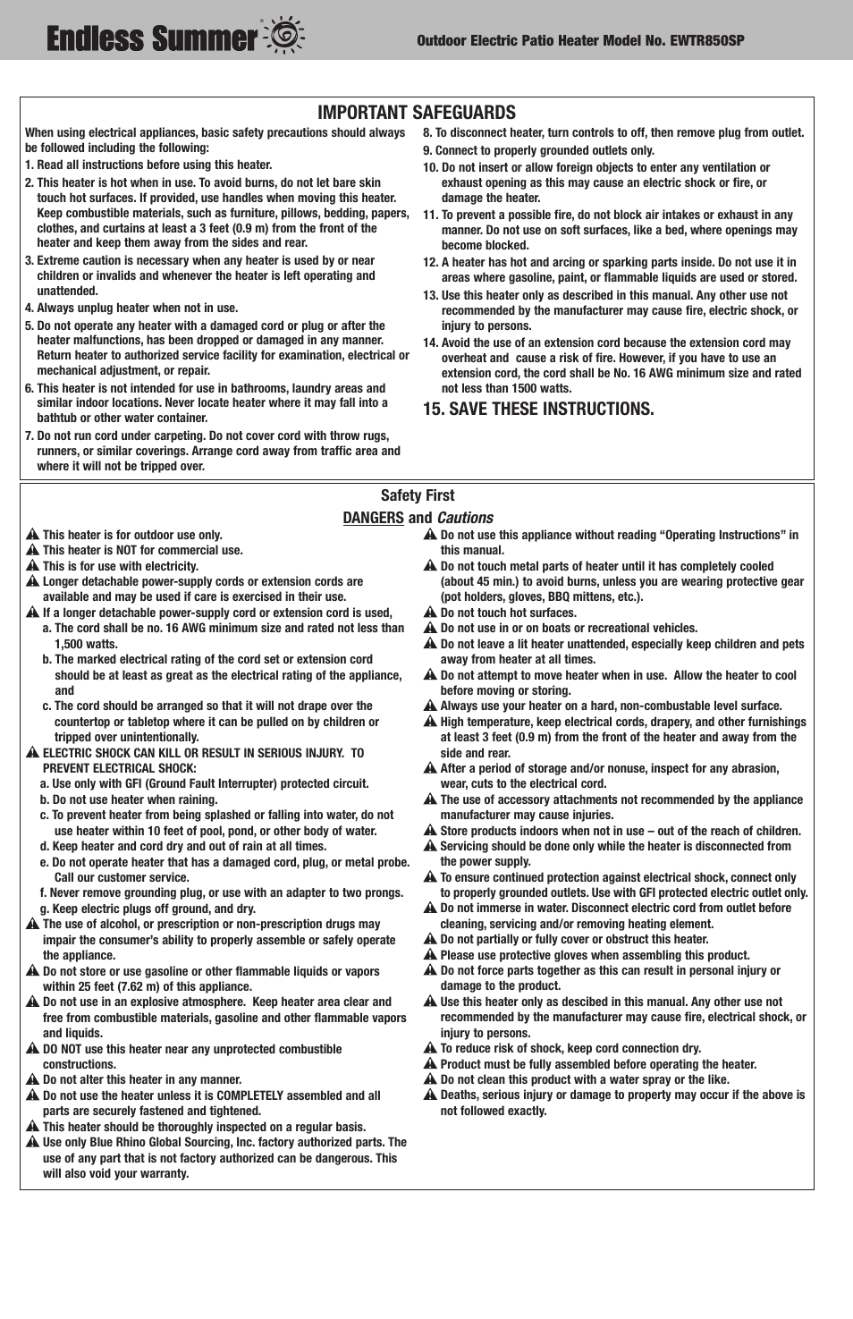 Important safeguards, Save these instructions, Safety first dangers and cautions | Blue Rhino EWTR850SP User Manual | Page 2 / 8
