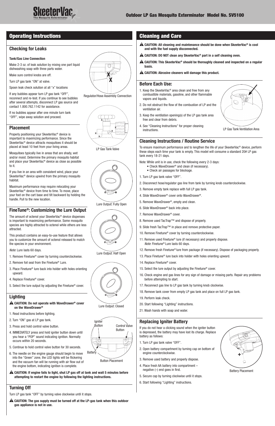 Cleaning and care, Operating instructions, Before each use | Cleaning instructions / routine service, Replacing igniter battery, Checking for leaks, Placement, Finetune, Customizing the lure output, Lighting | Blue Rhino SV5100 User Manual | Page 8 / 12