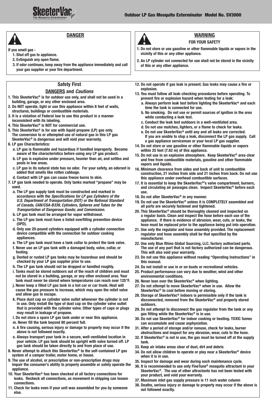 Danger, Warning, Safety first dangers and cautions | Blue Rhino SV3000 User Manual | Page 2 / 8