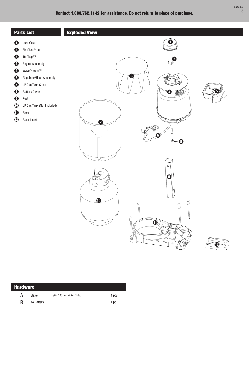 Parts list, Exploded view hardware | Blue Rhino SV3000 User Manual | Page 3 / 8