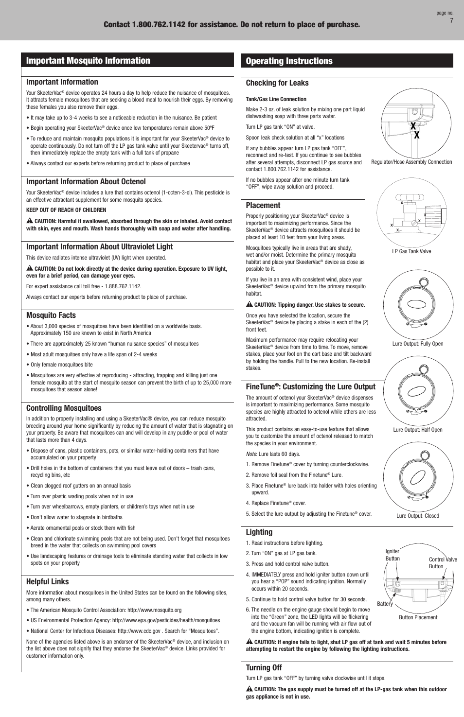 Operating instructions, Important mosquito information, Checking for leaks | Placement, Finetune, Customizing the lure output, Lighting, Turning off, Important information, Important information about octenol | Blue Rhino SV3000 User Manual | Page 7 / 8