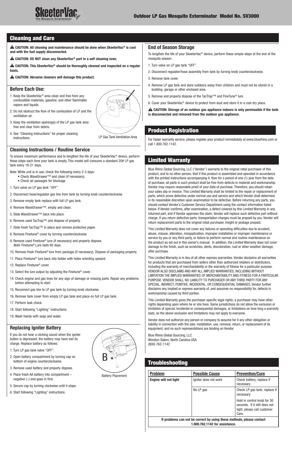 Product registration, Limited warranty, Troubleshooting | Cleaning and care, Before each use, Cleaning instructions / routine service, Replacing igniter battery | Blue Rhino SV3000 User Manual | Page 8 / 8