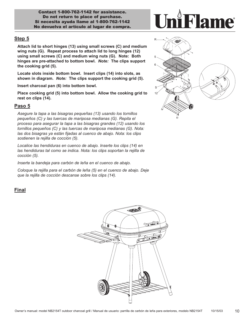 Step 5, Paso 5, Final | Blue Rhino UniFlame NB2154T User Manual | Page 11 / 24