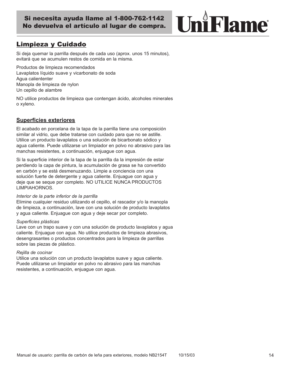 Limpieza y cuidado | Blue Rhino UniFlame NB2154T User Manual | Page 15 / 24