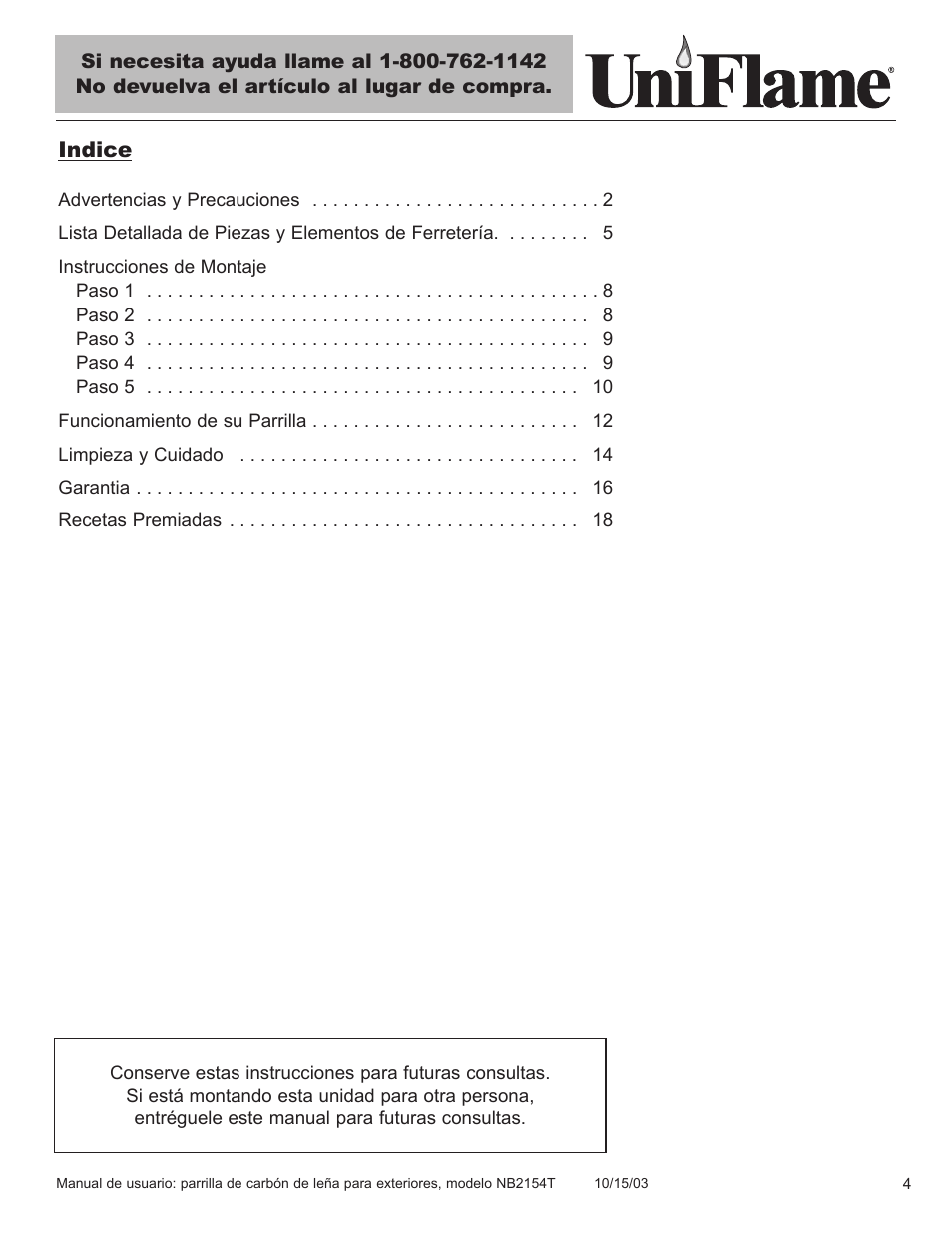 Blue Rhino UniFlame NB2154T User Manual | Page 5 / 24