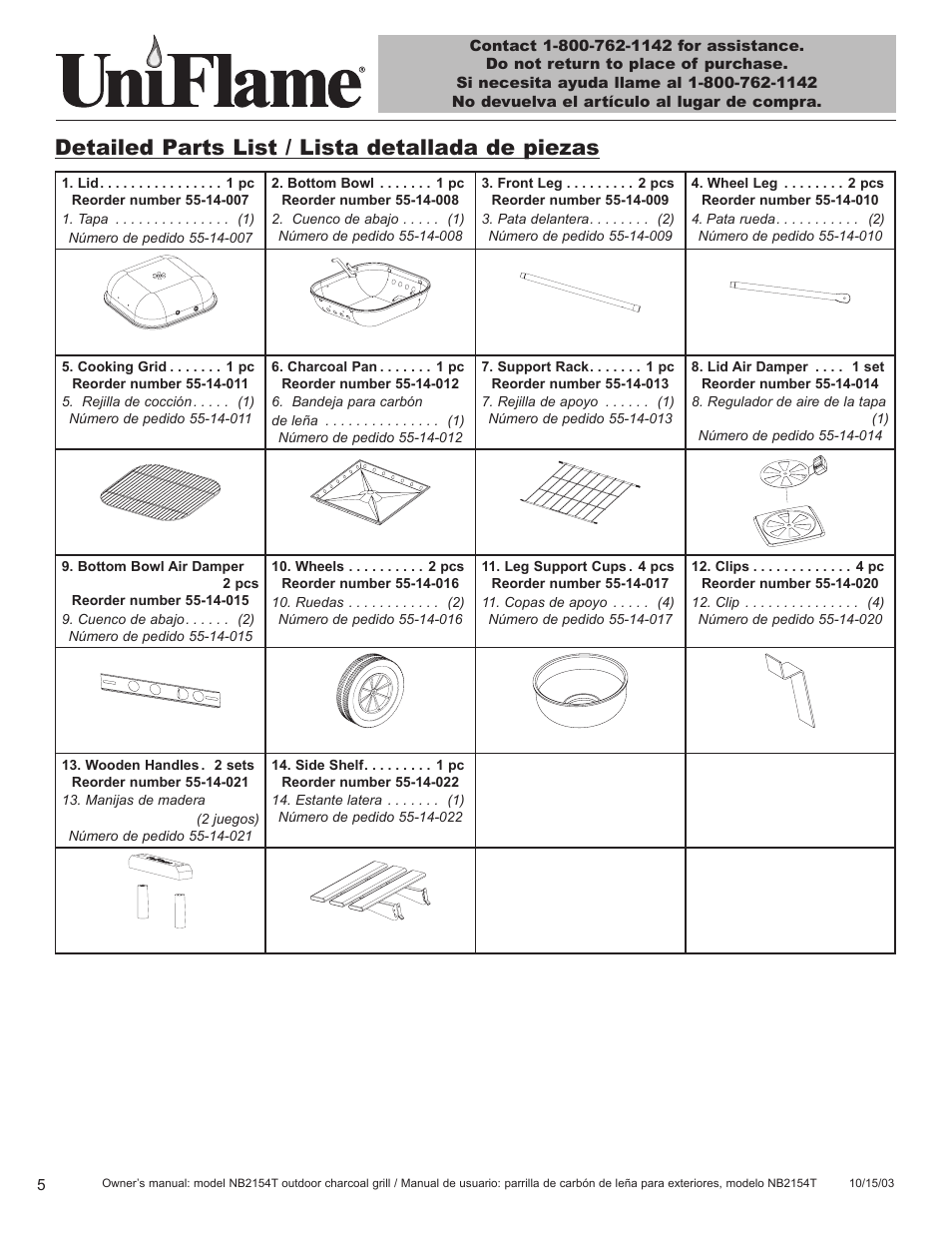 Detailed parts list / lista detallada de piezas | Blue Rhino UniFlame NB2154T User Manual | Page 6 / 24