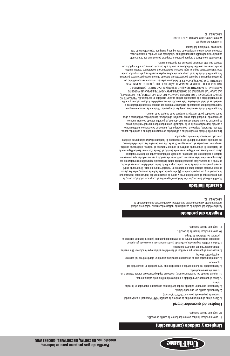 Registro del producto, Garantía limitada, Limpieza y cuidado (continuación) | Limpieza del quemador lateral | Blue Rhino GBC981WBU User Manual | Page 15 / 24