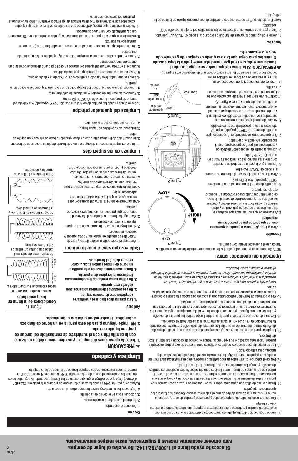 Instrucciones de operación, Limpieza y cuidado, Comprobar si hay fugas | Operación de los quemadores principales, Operación del quemador lateral, Prec aucion, Avisos, Cada vez que vay a a usar la unidad, Limpieza de las superficies, Limpieza del quemador principal | Blue Rhino GBC981WBU User Manual | Page 16 / 24