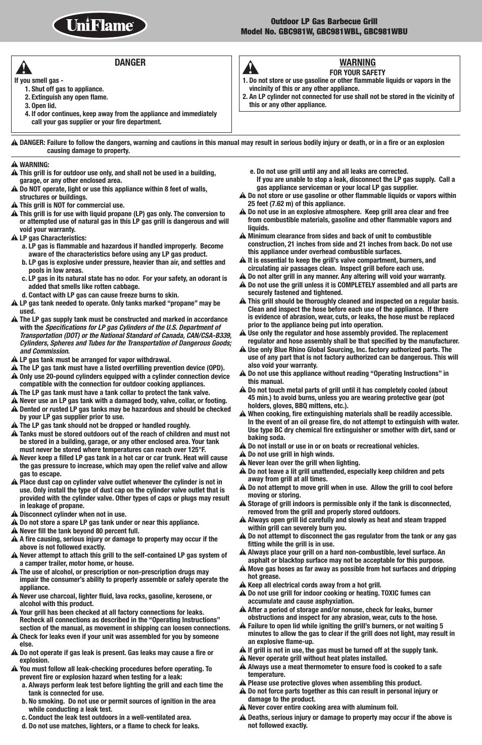 Danger, Warning | Blue Rhino GBC981WBU User Manual | Page 2 / 24