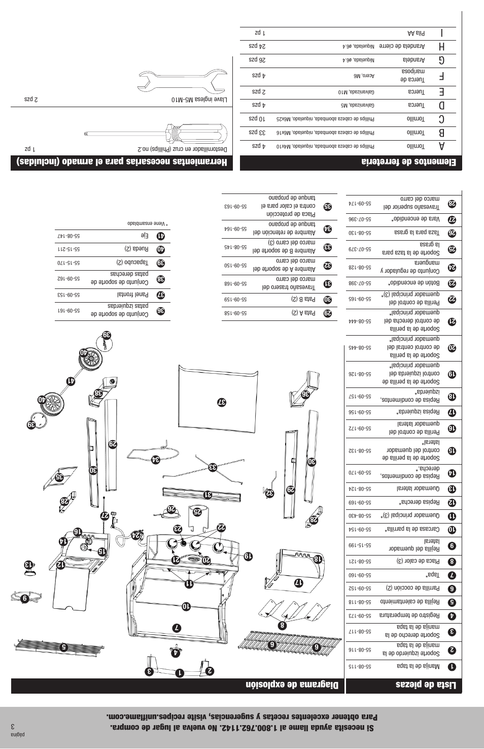 Elementos de ferretería, Herramientas necesarias para el armado (incluidas), Lista de piezas | Diagrama de explosión | Blue Rhino GBC981WBU User Manual | Page 22 / 24