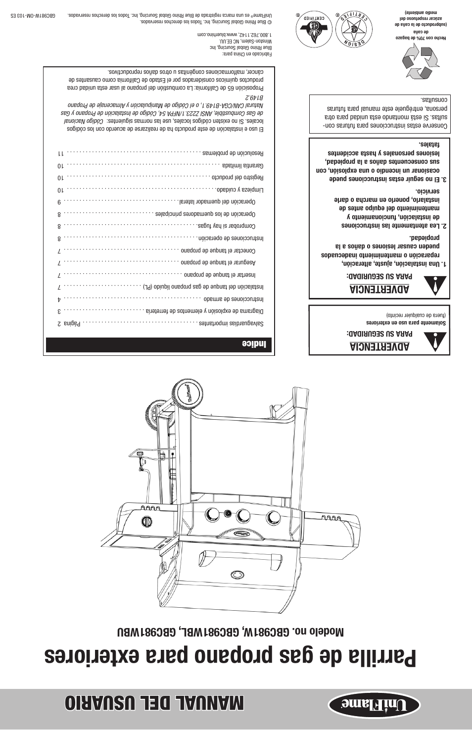 Parrilla de gas propano para e xteriores, Manual del usu ario, Advertencia | Indice | Blue Rhino GBC981WBU User Manual | Page 24 / 24