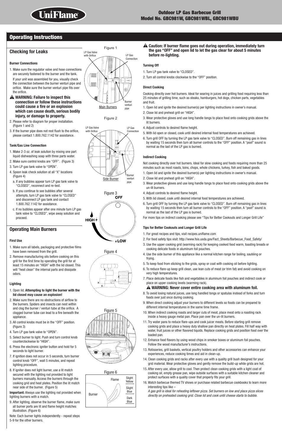 Operating instructions, Checking for leaks, Operating main burners | Blue Rhino GBC981WBU User Manual | Page 8 / 24