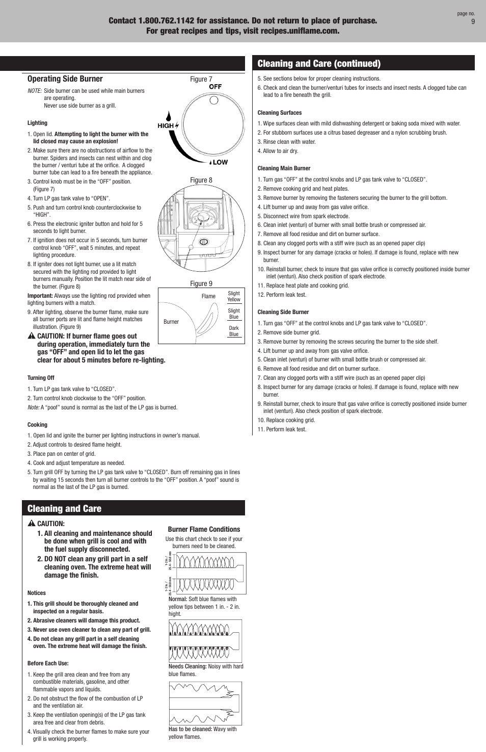 Operating instructions, Cleaning and care, Cleaning and care (continued) | Checking for leaks, Operating main burners, Operating side burner | Blue Rhino GBC981WBU User Manual | Page 9 / 24