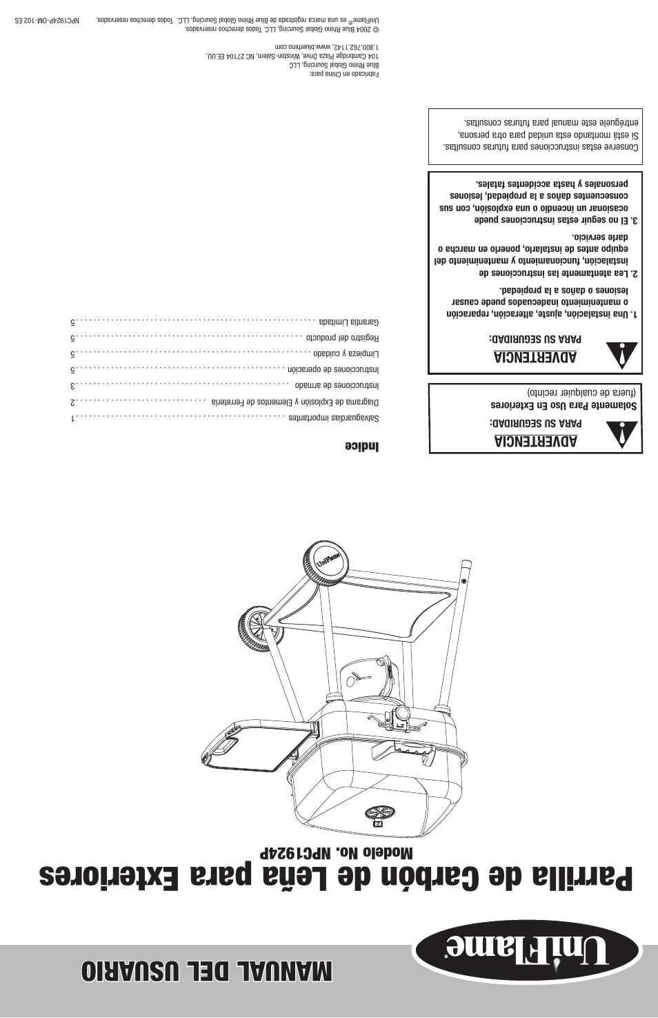 Parrilla de carbón de leña para exteriores, Manual del usu ario, Modelo no. npc1924p | Advertencia, Indice | Blue Rhino NPC1924P User Manual | Page 7 / 12