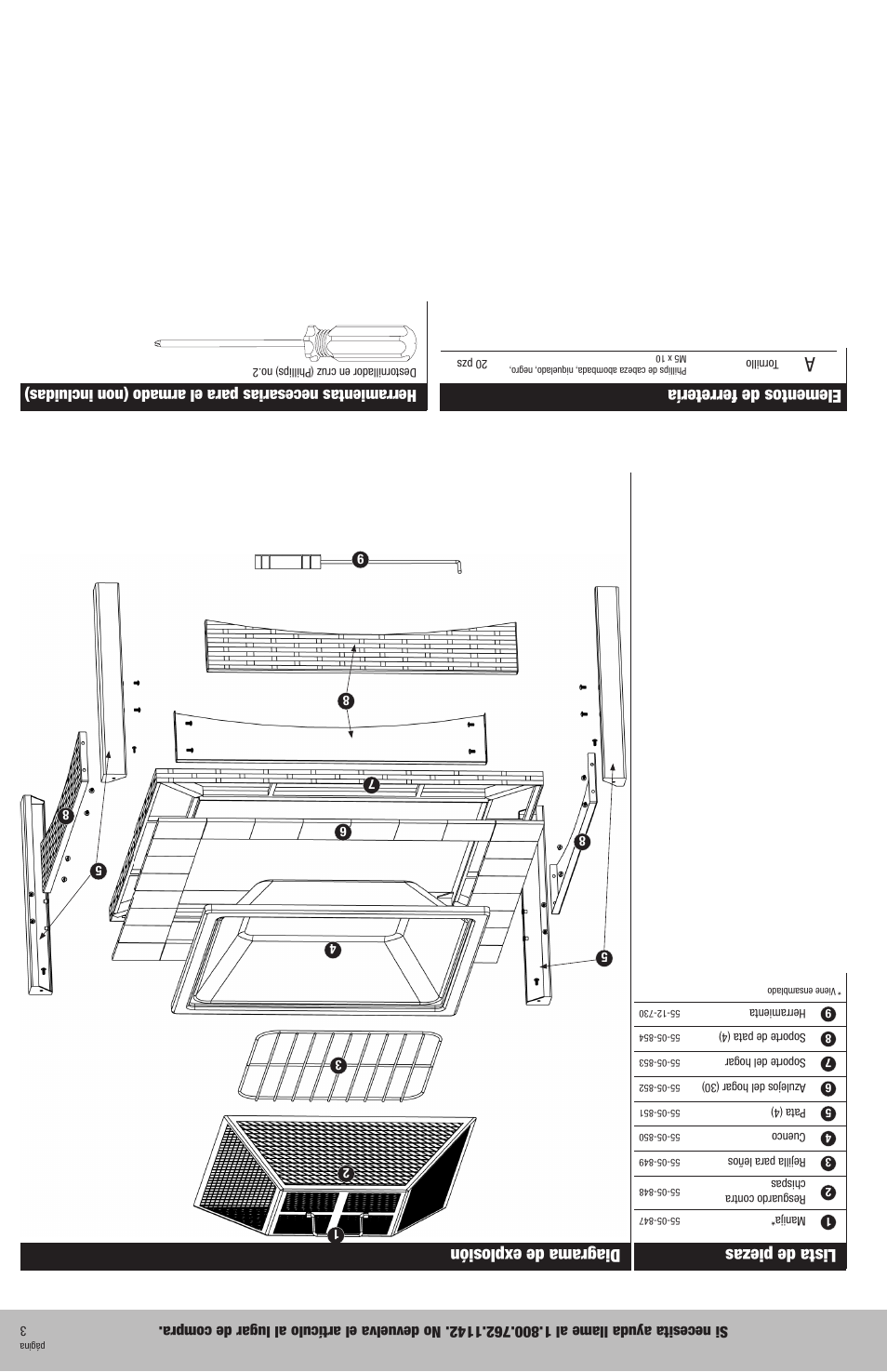 Lista de piezas, Diagrama de explosión, Elementos de ferretería | Blue Rhino WAD911W1 User Manual | Page 10 / 12