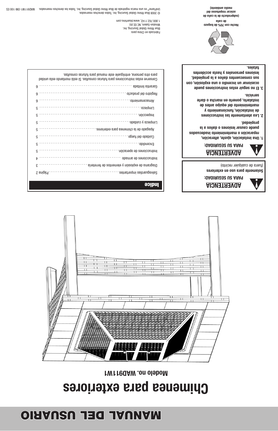 Chimenea para exteriores, Manual del usuario, Modelo no. w ad911w1 | Advertencia, Indice | Blue Rhino WAD911W1 User Manual | Page 12 / 12