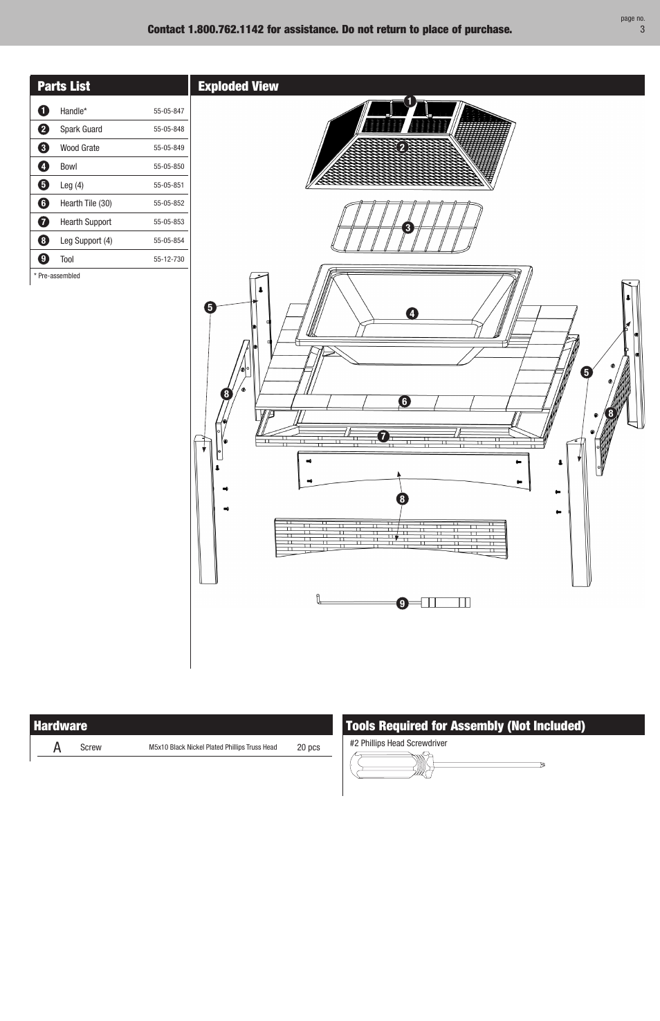 Parts list, Exploded view, Hardware | Tools required for assembly (not included) | Blue Rhino WAD911W1 User Manual | Page 3 / 12