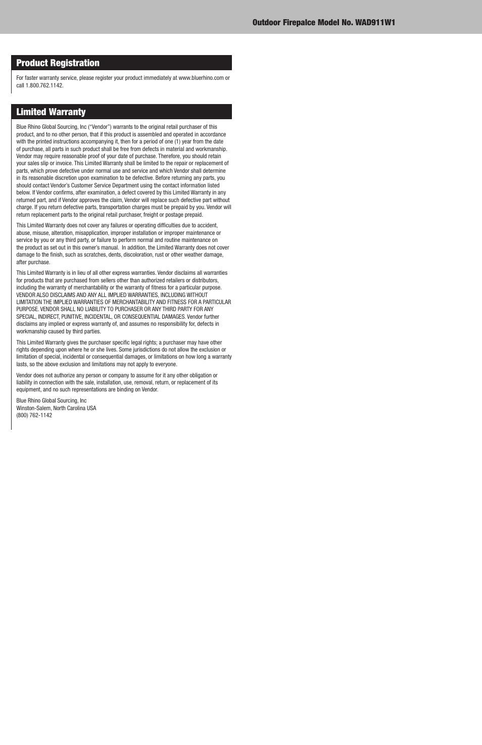 Product registration, Limited warranty | Blue Rhino WAD911W1 User Manual | Page 6 / 12
