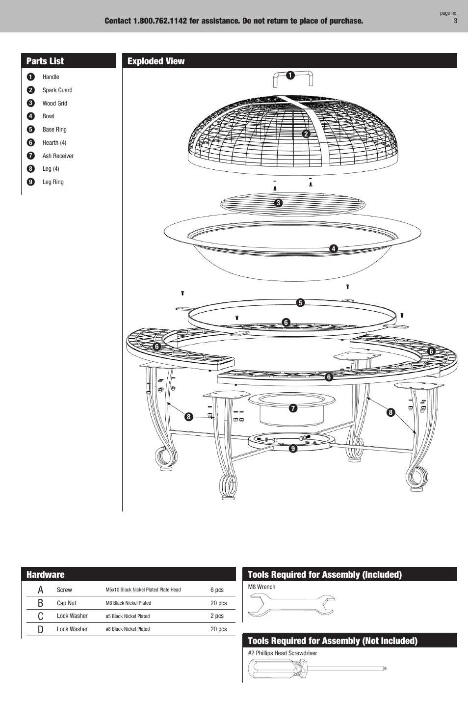 Parts list, Hardware, Tools required for assembly (included) | Tools required for assembly (not included), Exploded view | Blue Rhino WAD506AS User Manual | Page 3 / 8