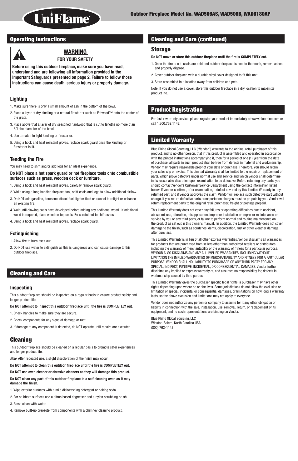 Storage, Product registration, Limited warranty | Warning, Cleaning and care, Cleaning | Blue Rhino WAD506AS User Manual | Page 6 / 8