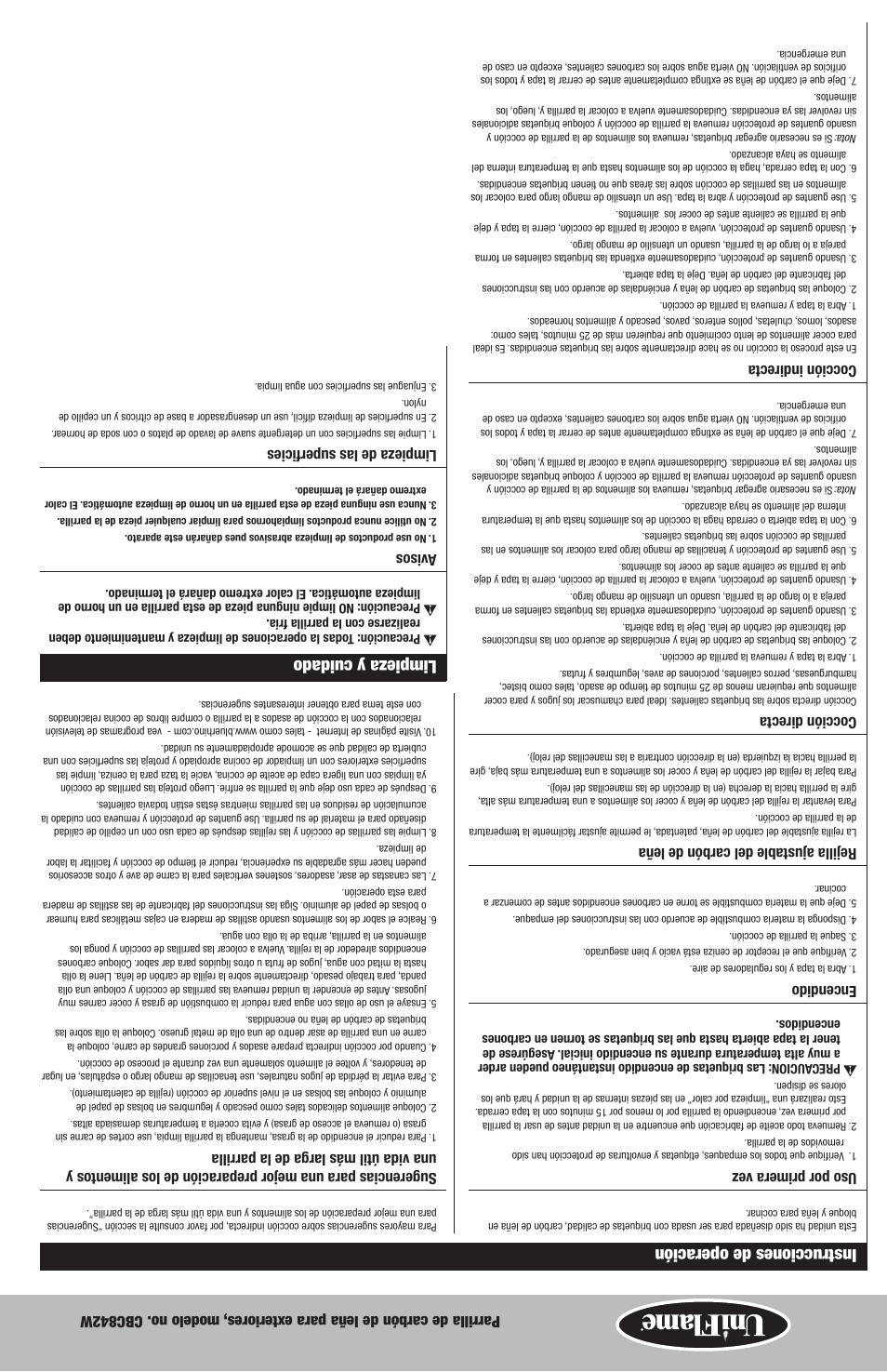 Limpieza y cuidado, Instrucciones de operación | Blue Rhino CBC842W User Manual | Page 13 / 20