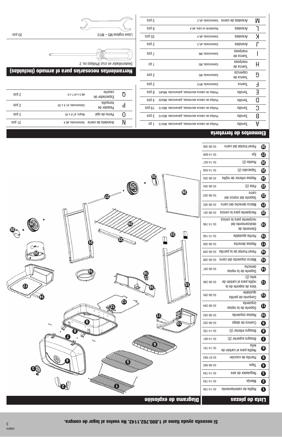 Herramientas necesarias para el armado (incluidas), Elementos de ferretería, Lista de piezas | Diagrama de explosión | Blue Rhino CBC842W User Manual | Page 18 / 20