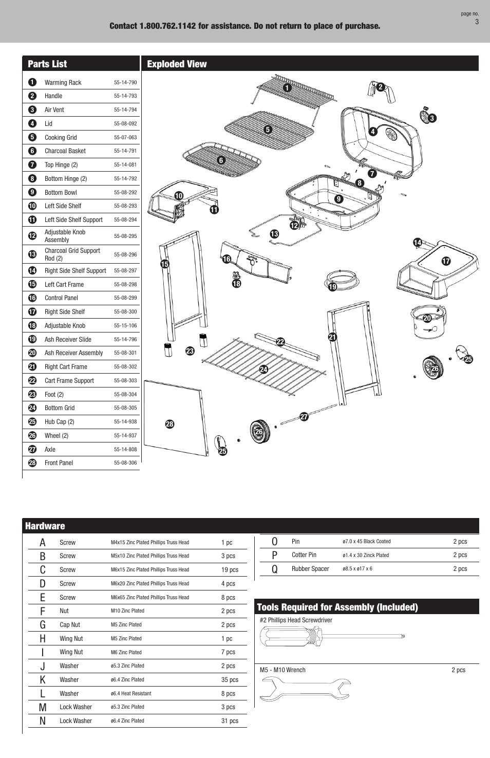 Tools required for assembly (included), Hardware, Parts list | Exploded view | Blue Rhino CBC842W User Manual | Page 3 / 20