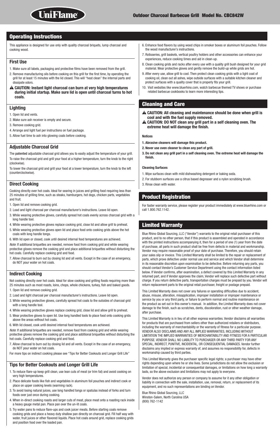 Cleaning and care, Product registration, Limited warranty | Operating instructions | Blue Rhino CBC842W User Manual | Page 8 / 20