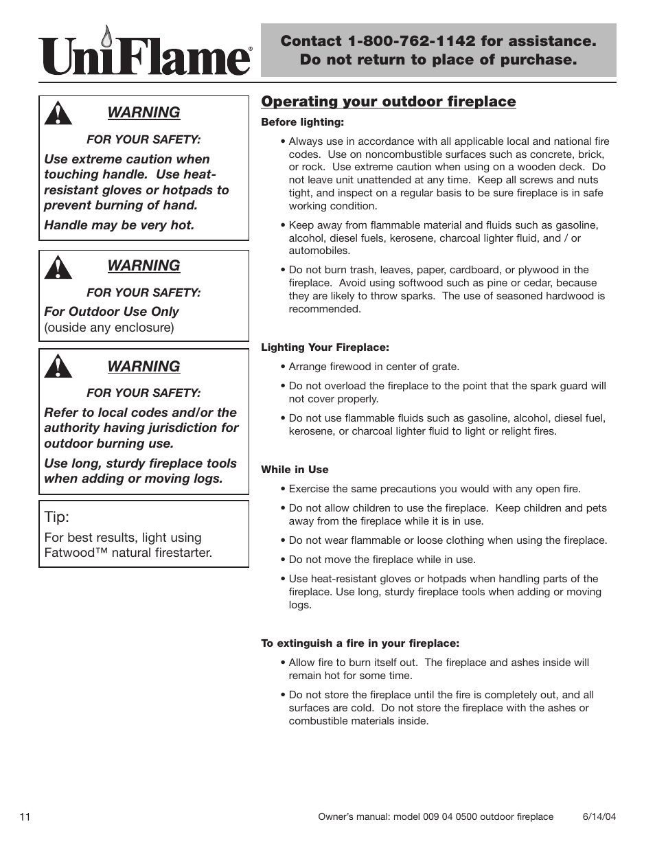 Operating your outdoor fireplace, Warning | Blue Rhino 009 04 0500 User Manual | Page 12 / 18