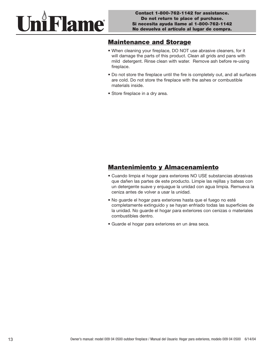 Maintenance and storage, Mantenimiento y almacenamiento | Blue Rhino 009 04 0500 User Manual | Page 14 / 18