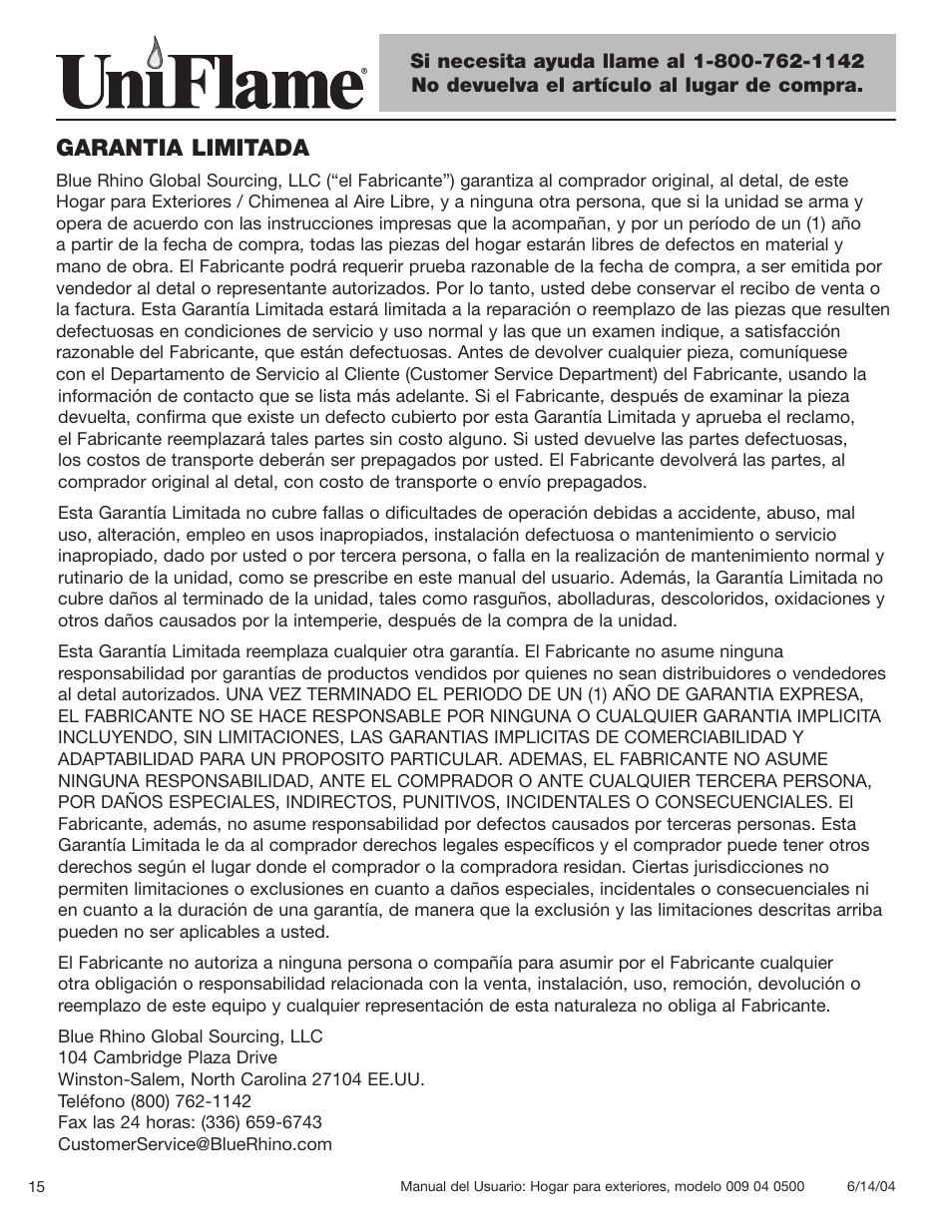 Garantia limitada | Blue Rhino 009 04 0500 User Manual | Page 16 / 18