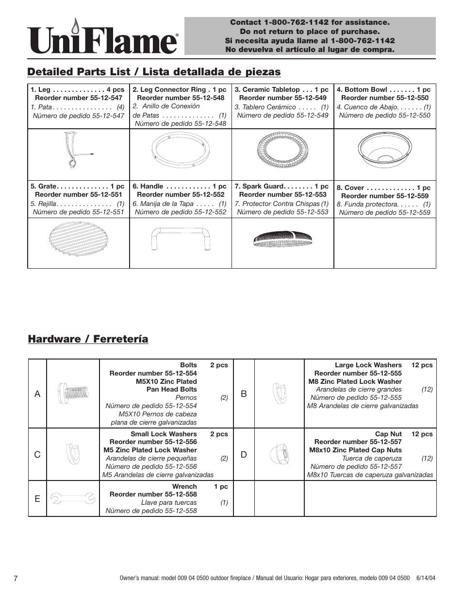 Detailed parts list / lista detallada de piezas, Hardware / ferretería | Blue Rhino 009 04 0500 User Manual | Page 8 / 18