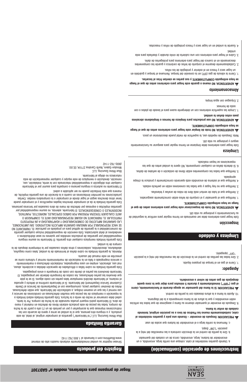 Limpieza y cuidado, Registro del producto, Garantia limitada | Instrucciones de operación (continuación), Apagado, Inspección, Limpieza, Almacenamiento | Blue Rhino GAD730T User Manual | Page 13 / 20
