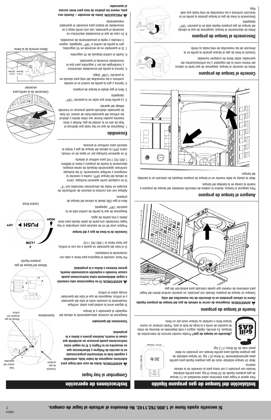 Instalación del tanque de gas propano líquido, Instrucciones de operación, Comprobar si hay fugas | Encendido, Inserte el tanque de propano, Asegure el tanque de propano, Conecte el tanque de propano, Desconecte el tanque de propano | Blue Rhino GAD730T User Manual | Page 14 / 20