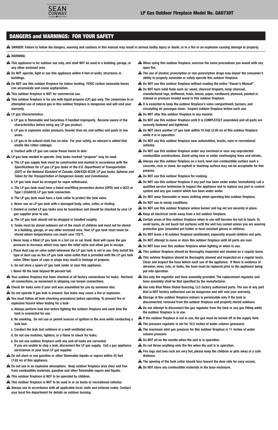 Dangers and warnings: for your safety | Blue Rhino GAD730T User Manual | Page 2 / 20