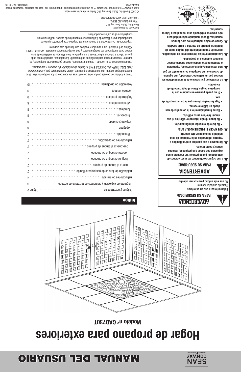 Hogar de propano para exteriores, Manual del usuario, Modelo nº gad730t | Advertencia, Indice | Blue Rhino GAD730T User Manual | Page 20 / 20