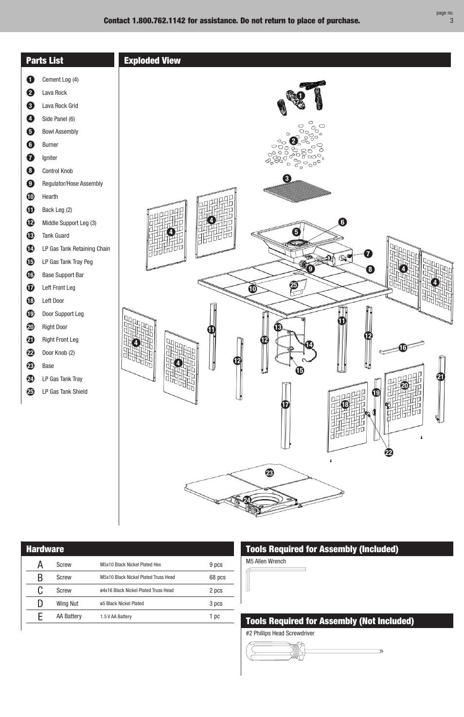 Tools required for assembly (included), Tools required for assembly (not included), Parts list | Exploded view, Hardware | Blue Rhino GAD730T User Manual | Page 3 / 20