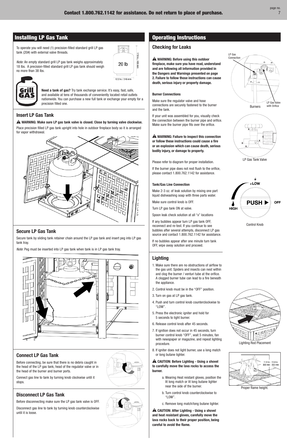 Installing lp gas tank, Operating instructions, Checking for leaks | Lighting, Insert lp gas tank, Secure lp gas tank, Connect lp gas tank, Disconnect lp gas tank | Blue Rhino GAD730T User Manual | Page 7 / 20