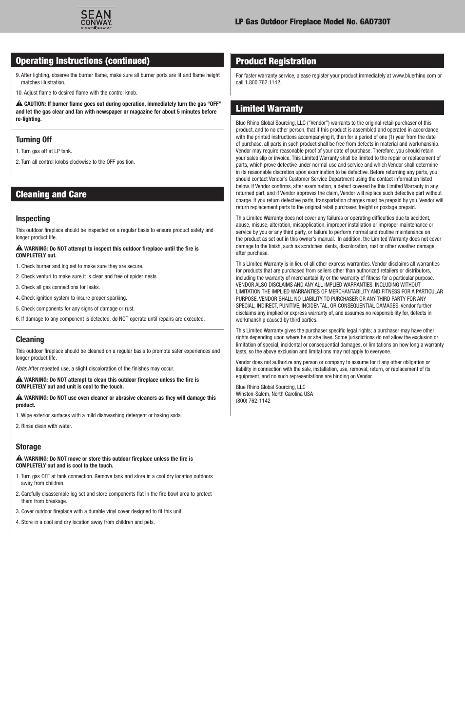 Cleaning and care, Product registration, Limited warranty | Operating instructions (continued) | Blue Rhino GAD730T User Manual | Page 8 / 20