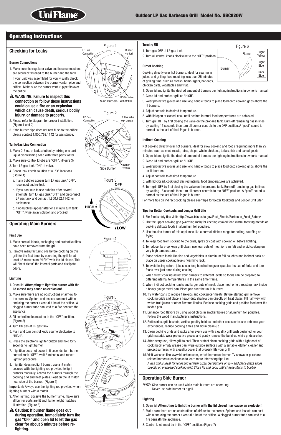 Operating instructions, Checking for leaks, Operating main burners | Operating side burner | Blue Rhino GBC820W User Manual | Page 10 / 28