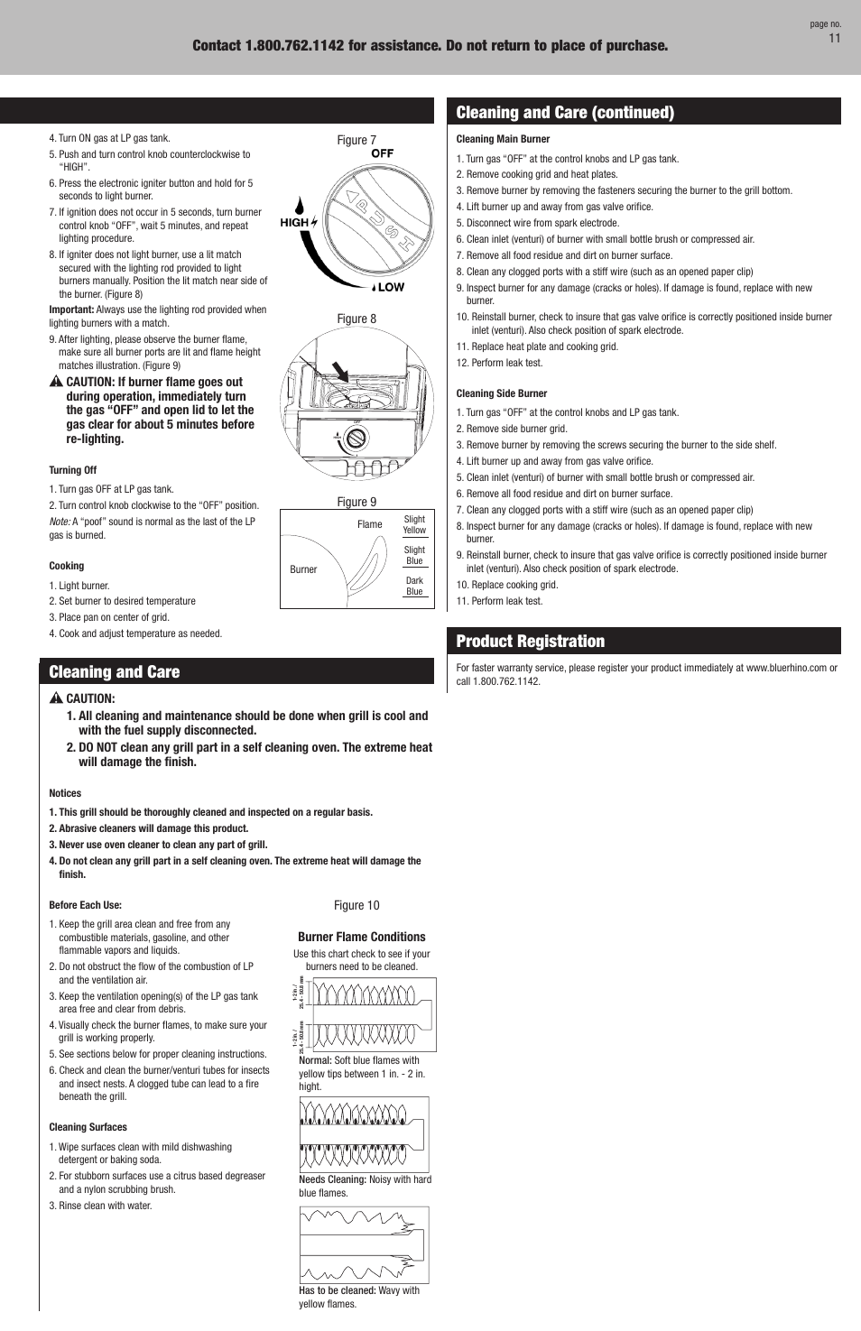 Operating instructions, Cleaning and care, Product registration | Cleaning and care (continued), Checking for leaks, Operating main burners | Blue Rhino GBC820W User Manual | Page 11 / 28