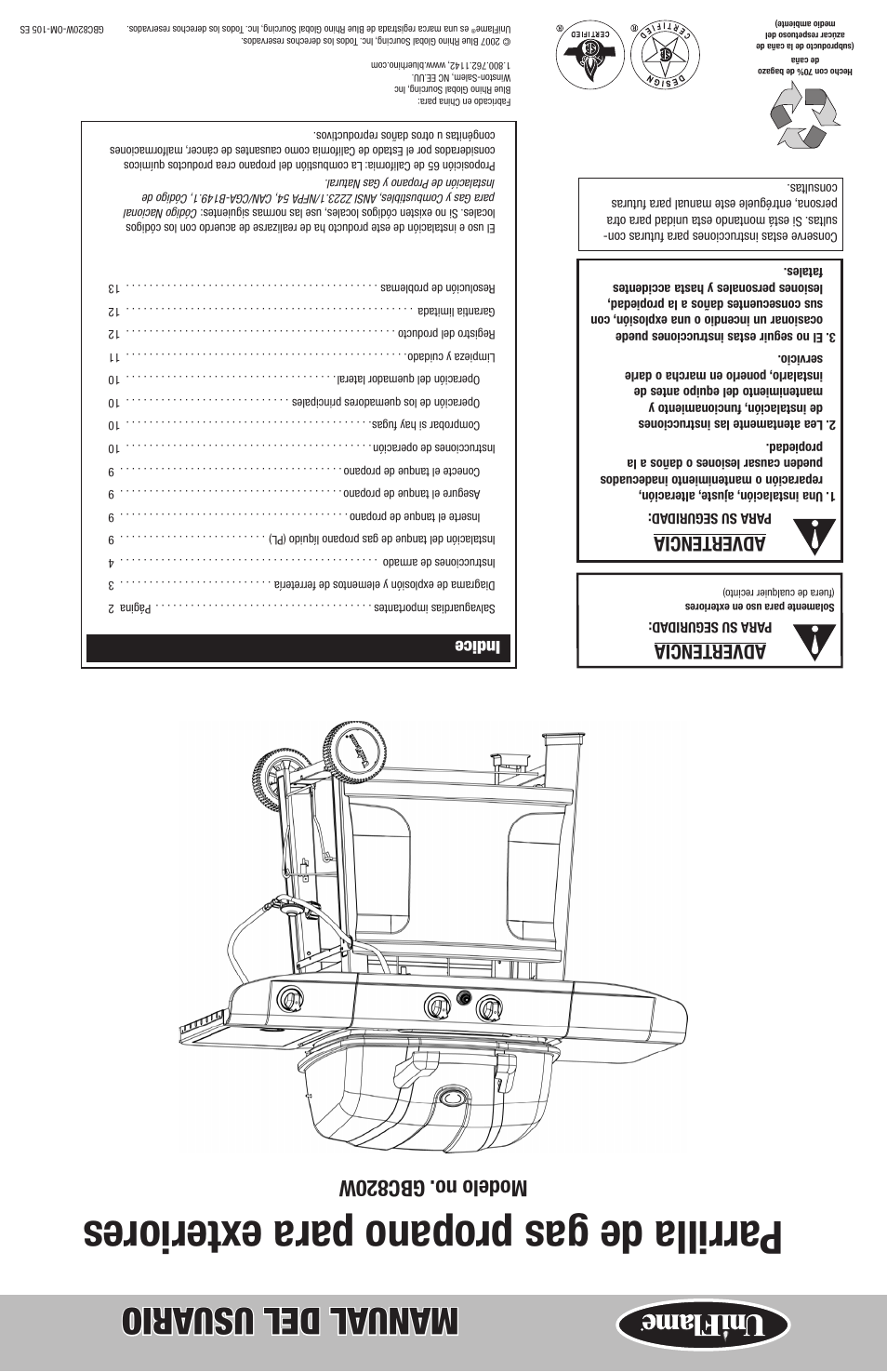 Parrilla de gas propano para e xteriores, Manual del usu ario, Modelo no. gbc820w | Advertencia, Indice | Blue Rhino GBC820W User Manual | Page 28 / 28