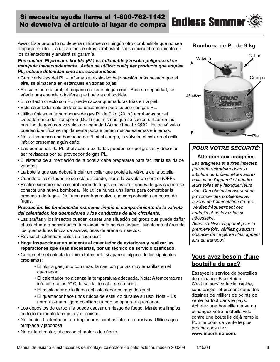 Vous avez besoin d'une bouteille de gaz, Pour votre sécurité | Blue Rhino 200209 User Manual | Page 25 / 44