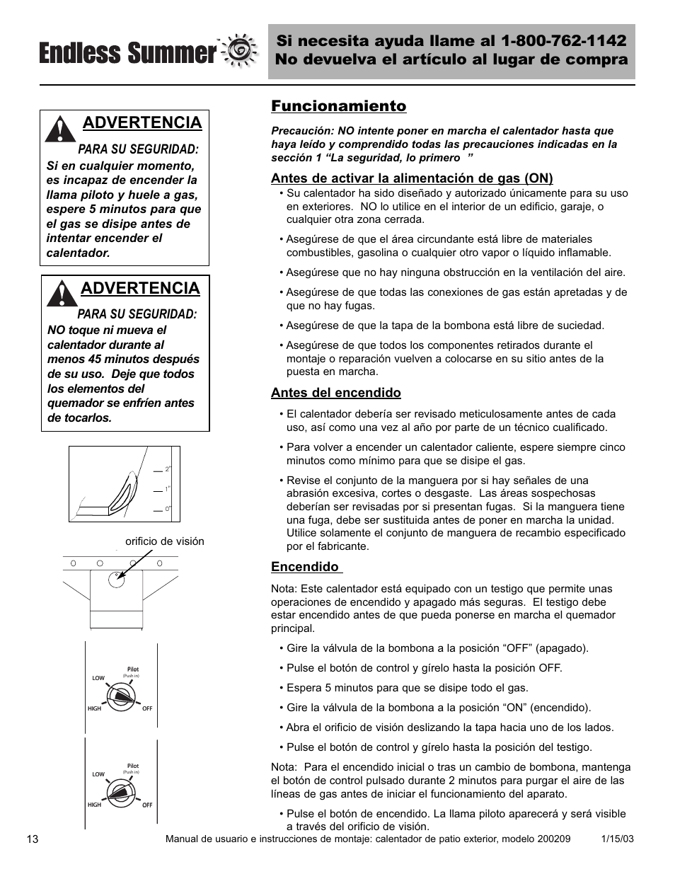 Advertencia, Funcionamiento, Para su seguridad | Antes de activar la alimentación de gas (on), Antes del encendido, Encendido | Blue Rhino 200209 User Manual | Page 34 / 44