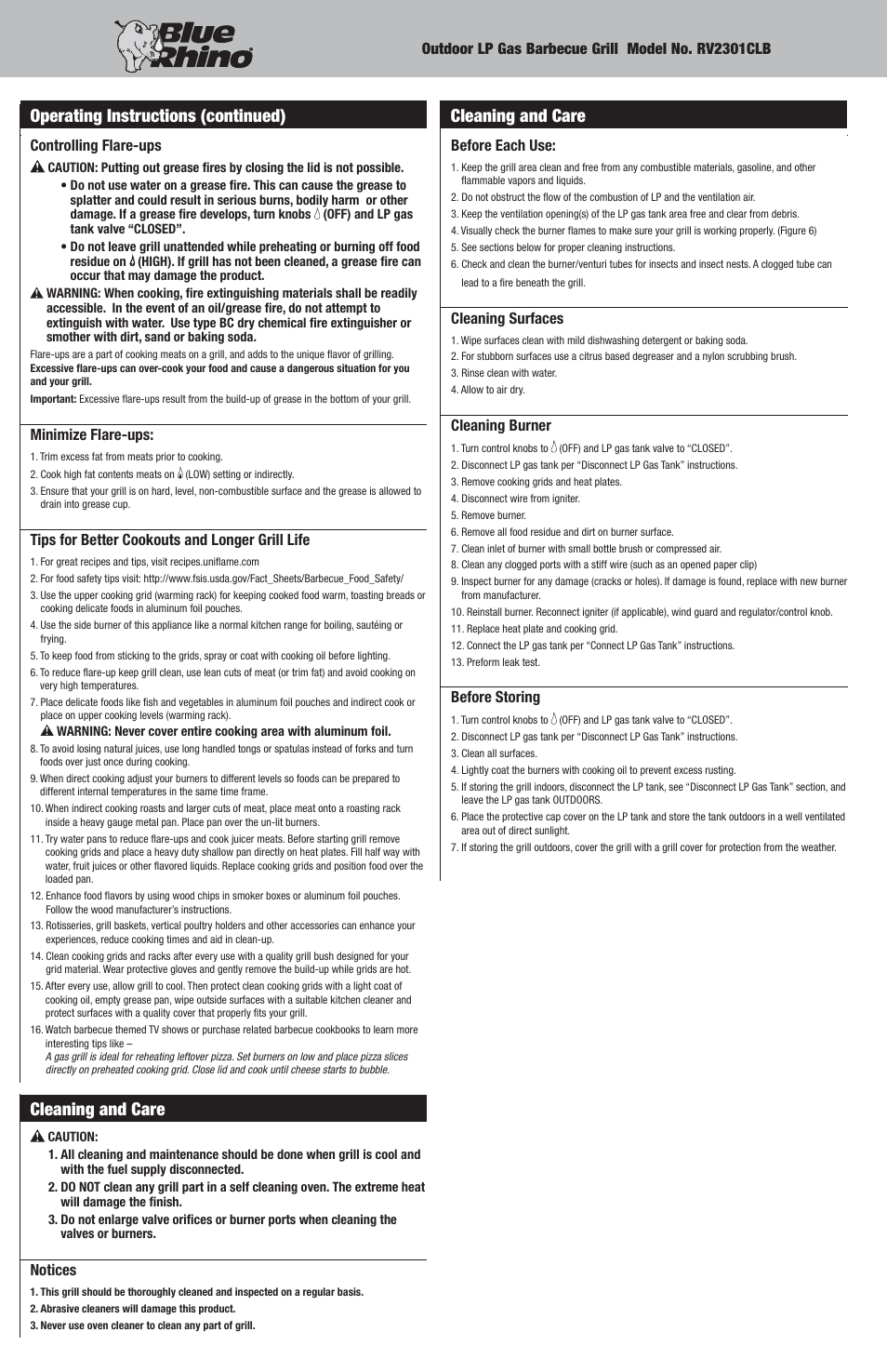 Cleaning and care | Blue Rhino RV2301CLB User Manual | Page 8 / 12