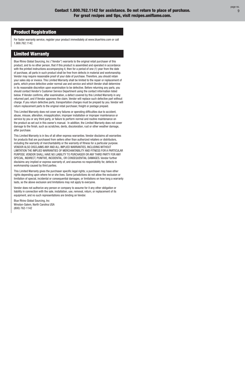 Product registration, Limited warranty | Blue Rhino RV2301CLB User Manual | Page 9 / 12