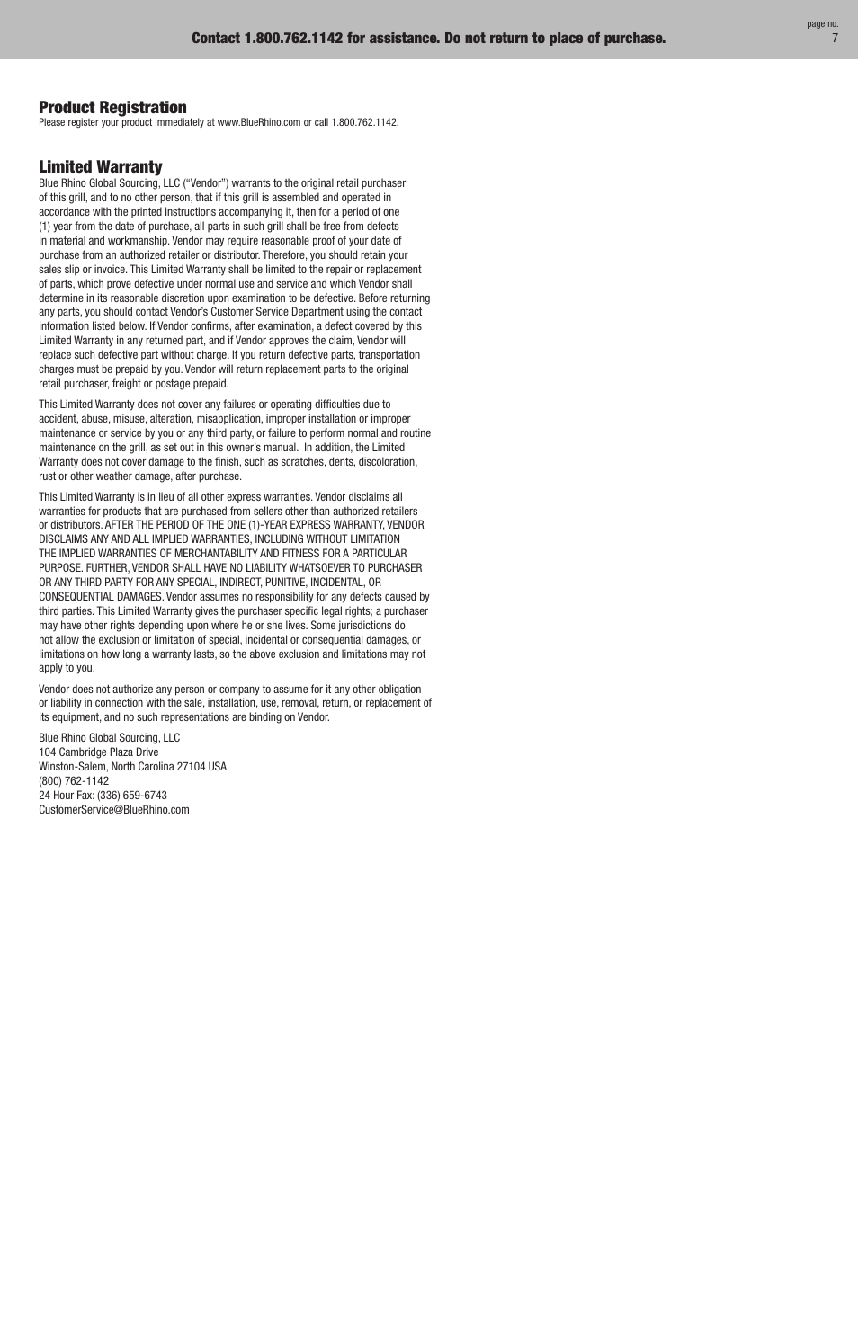 Product registration, Limited warranty | Blue Rhino NBC1218G User Manual | Page 7 / 16